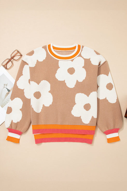 Big Daisy Jacquard Contrast Stripe Trim Baggy Sweater